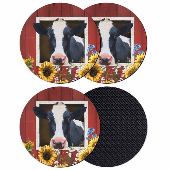Cow Sunflowers Coasters Set of 4, Absorbent Coasters for Drinks, Botanical Floral Leaves Bees Farm Barn Coaster for Desk Coffee Table Protection, Home Decor House Warming Gifts 4"
