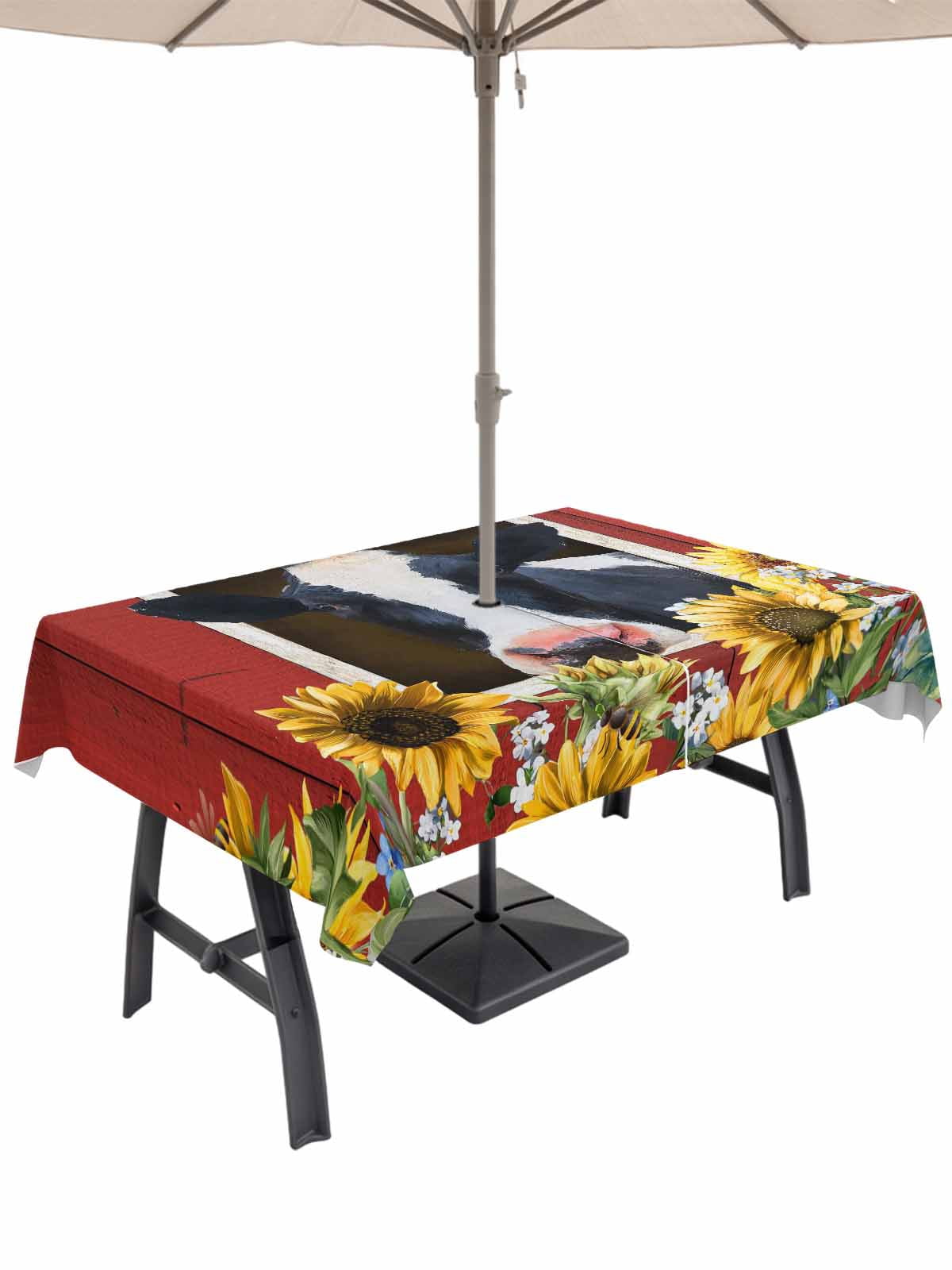 Cow Sunflowers Rectangle Outdoor Tablecloth with Umbrella Hole Blue ...