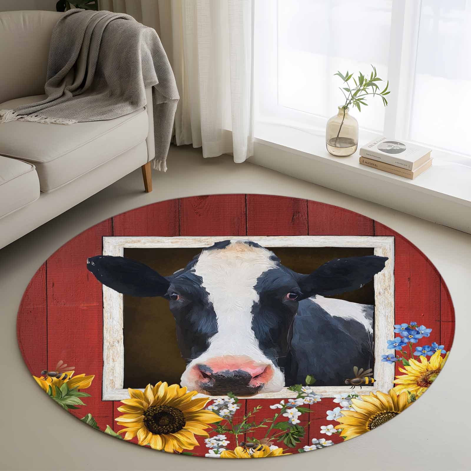Cow Sunflowers Round Area Rug 3.3Ft Washable Circle Rugs for Dining ...