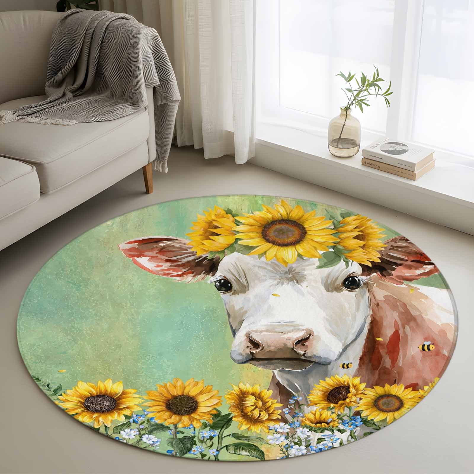 Cow Sunflowers Round Area Rug 3Ft Washable Small Circle Rugs for ...