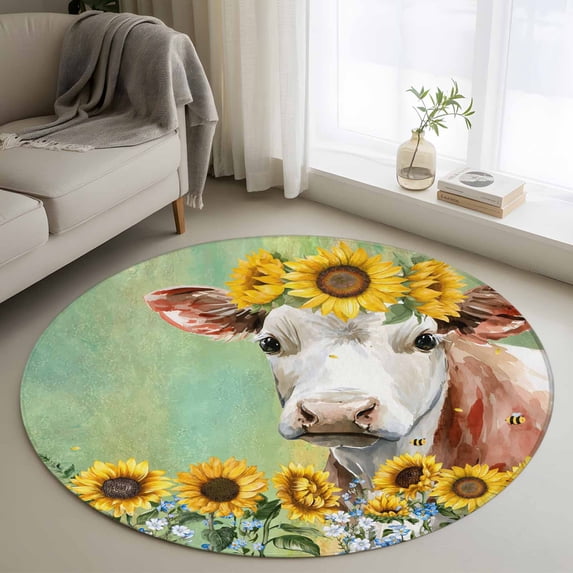 Cow Sunflowers Round Area Rug 3Ft Washable Small Circle Rugs for ...