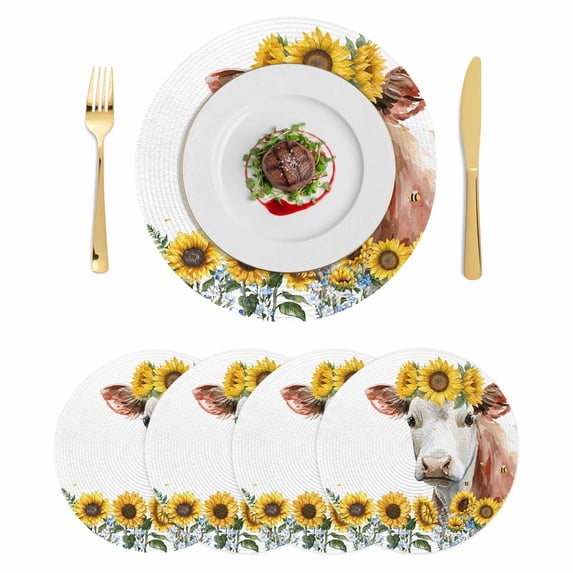 Cow Sunflowers Round Placemats Set of 4 Farmhouse Spring Flowers Wooden ...