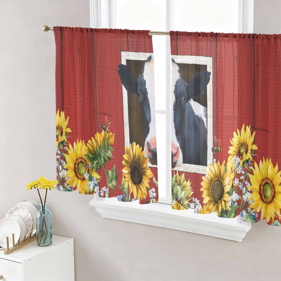Cow Sunflowers Sheer Curtains 54 Inch Length 2 Panels Set Window Treatments, Botanical Floral Leaves Bees Farm Barn Rod Pocket Semi Curtains for Living Room/Bedroom/Kitchen Décor, 104"W x 54"L