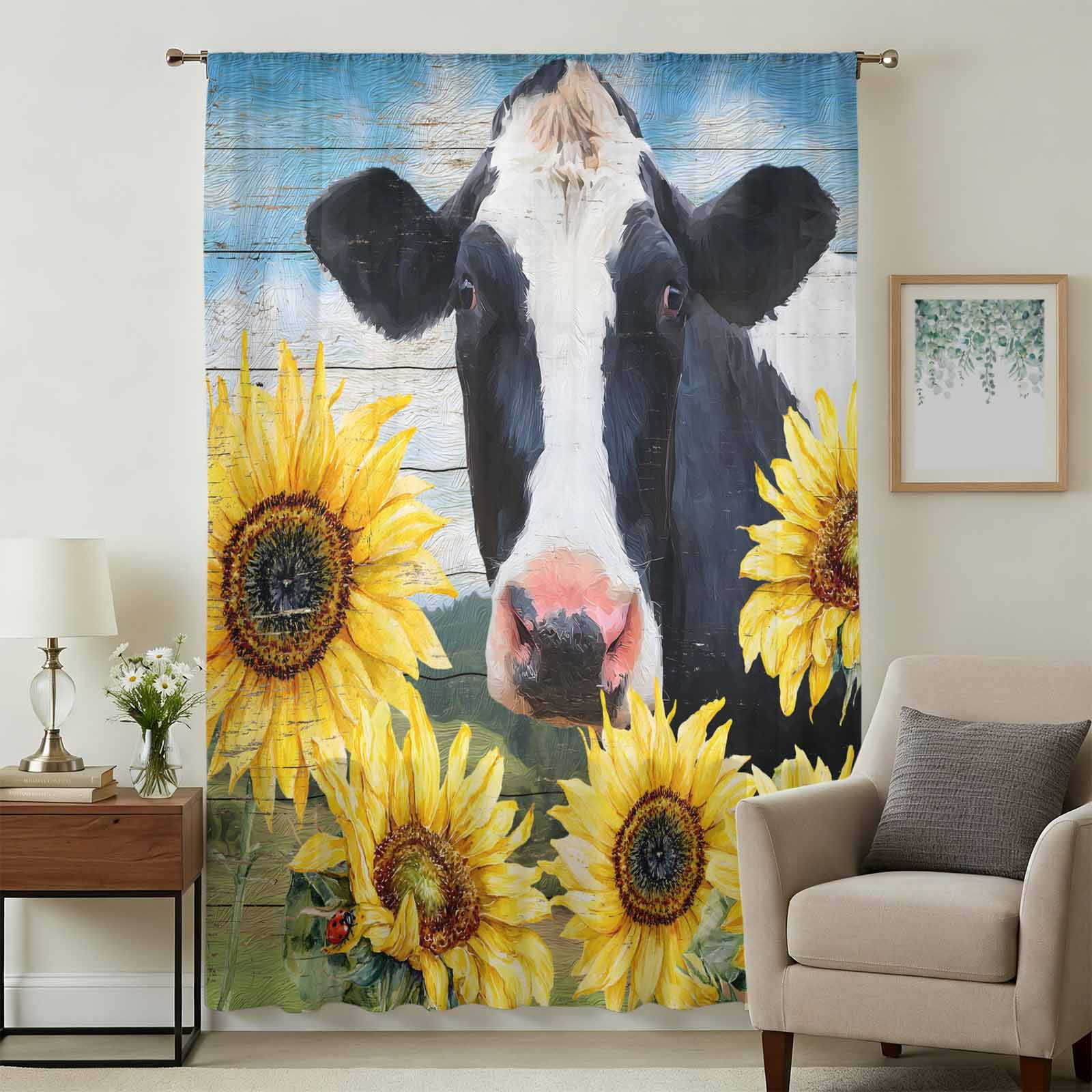 Cow Sunflowers Sheer Curtains 72 Inches Long, Farmhouse Animal Blue Sky ...