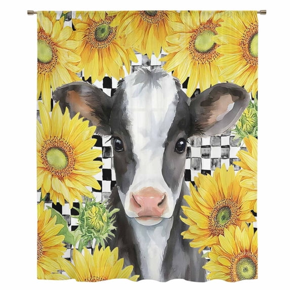 Cow Sunflowers Sheer Curtains 96" Long, Farmhouse Country Animals Floral Black Plaid Light Filering Curtains, Privacy Drapes Simi Floor to Veiling Curtain for Living Room Large Window Treatment