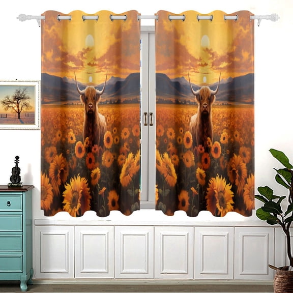 Cow Sunflowers Sun Mountain Clouds Curtain Black Out Thermal Insulation Curtains Aesthetic 54 Inch Length for Bedroom Living Room 2 panels set