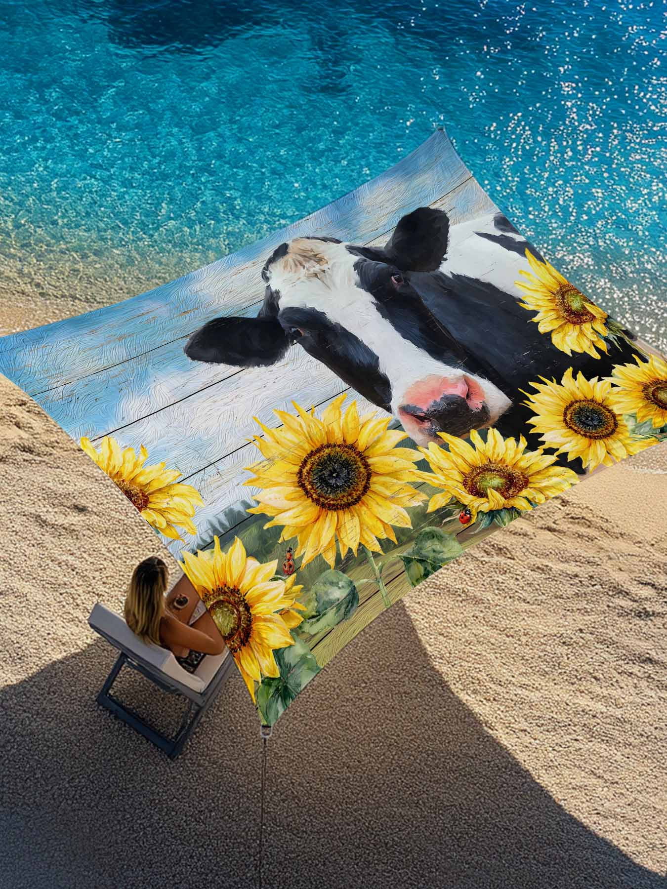 Cow Sunflowers Sun Shade Sail 8' x 10', Yellow Flower Bee Farm Animal ...