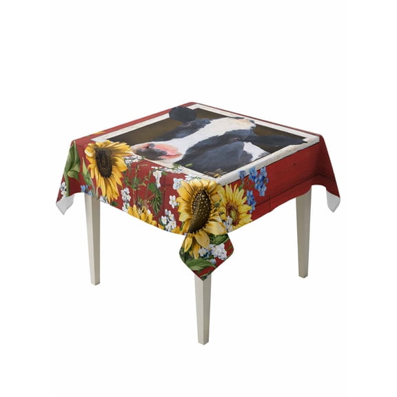 Cow Sunflowers Table Cloth, Waterproof Tablecloth for Square Tables, Botanical Floral Leaves Bees Farm Barn Reusable Washable Fabric Table Cover for Restaurant Kitchen Dining Tables 60"x60"