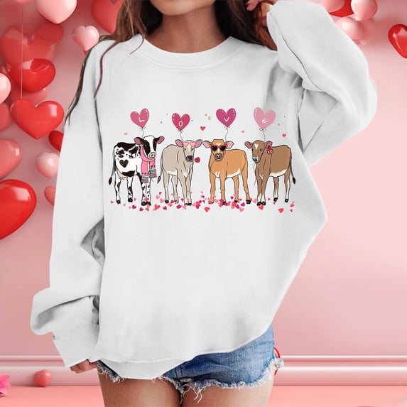 Cow Sweatshirt Valentines Hoodies for Girls Love Heart Graphic Tees Color White Size 5-6 Years