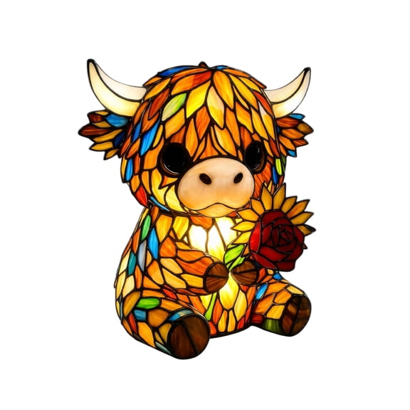 Cow Table Lamp Stained Glass Style Animal Figurine Light Desk Lamp Decorative Accent Lamp for Bedroom Living Room