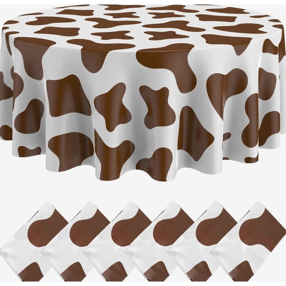 Cow Tablecloth Round Print Table Cloths Plastic,84'' Disposable Cow Themed Table Cover 6 Pcs, Brown White