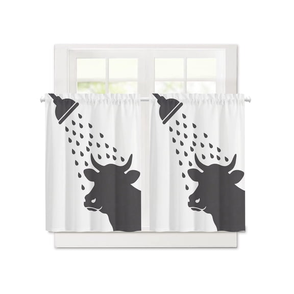 Cow Taking A Shower Short Blackout Curtains 36 Inch Long,Funny Animal Pattern Theme Rod Pocket Kitchen Curtains,2 Panels Thermal Insulated Room Darkening Drapes for Bedroom,30"W x 36"L