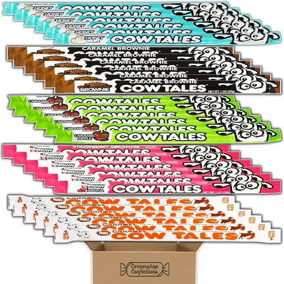 Cow Tales Lover's 5 Flavor Variety 30 Pack - 6 Large Pieces of 5 Different Flavors - Strawberry Smoothie, Honey Bun, Green Apple, Caramel Brownie, Original in Cornershop Confections Pack