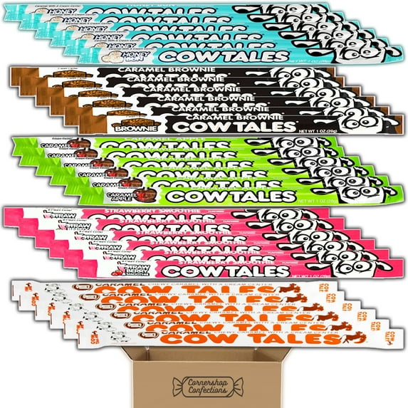 Cow Tales Lover's 5 Flavor Variety 30 Pack - 6 Large Pieces of 5 Different Flavors - Strawberry Smoothie, Honey Bun, Green Apple, Caramel Brownie, Original in Cornershop Confections Pack