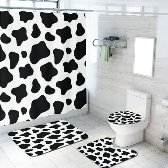 Cow Texture Shower Curtain Set with Rugs Black and White Spotted Animal Skin Background Bathroom Decor Bath Curtain with Rugs Toilet Lid Cover Bath Mat, 72x72 Inch