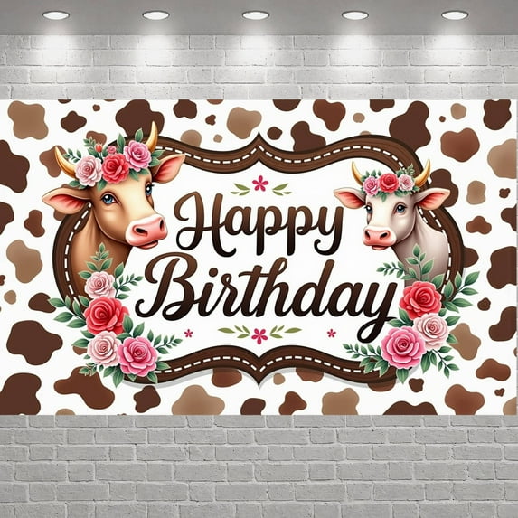 Cow Theme Banner Floral Decor Cow Birthday Display Brown Spots Flower Crown Floral Birthday Backdrop for birthday party kids party family gathering
