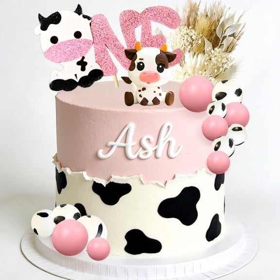 Pink Glitter ONE Cow Farm Animal Cake Topper Kit Rustic Styling For Farm Themed Gatherings Milestone Celebrations Dessert Table Decor