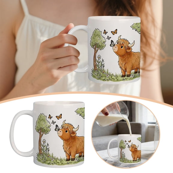 Cow Themed Ceramic Mug With Handle,Highland Cow Coffee Mug,Perfect For Animal Lovers And Home