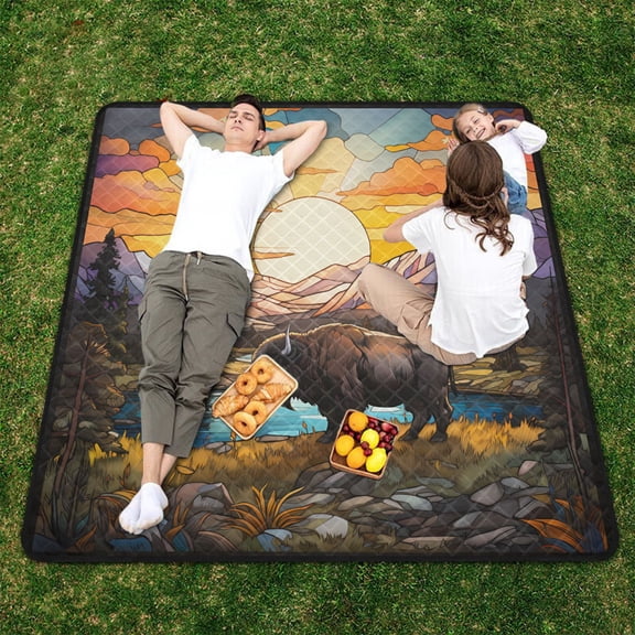 Cow Trees Lake Sun Clouds Mountains Beach Blanket Outdoor Picnic Blanket 78"x 78" Waterproof Foldable for Beach Camping Travel Hiking Grass Lawn Park