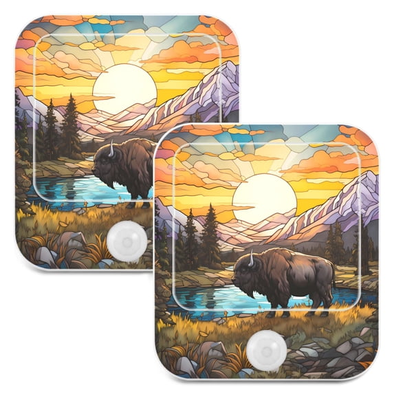 Cow Trees Lake Sun Clouds Mountains Night Lights Plug into Wall LED with Auto Light Sensor Warm Light for Kids Hallway Bedroom Living Room Kitchen Bathroom Set of 2