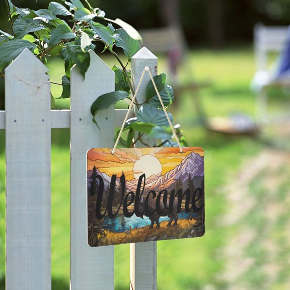 Cow Trees Lake Sun Clouds Mountains Welcome Sign for Front Door Porch Wreath Door Sign Home Decoration Rustic Farmhouse Style