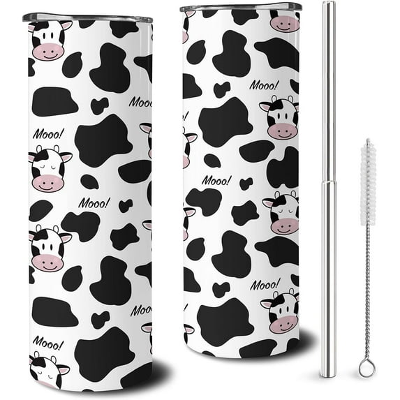 Cow Tumbler With Lid and Straw Stainless Steel 20oz Cow Print Skinny Tumbler Insulated Cow Print Cups Water Bottle Coffee Mug Travel Tumbler Gifts for Women