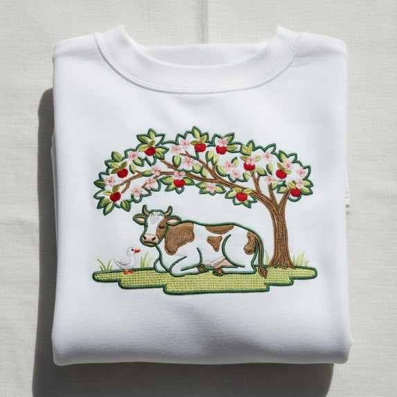 Cow Under Apple Tree Embroidered Sweatshirt, Farm Animal Crewneck, Cottagecore Shirt, Cow Lover Gift, Apple Blossom Hoodie, Farmer T-shirt