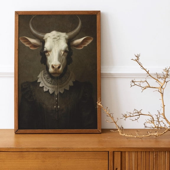 Cow In Victorian Costume Art, Victorian Animal Poster, Renaissance Portrait, Cow In Victorian Suit Art, Cow Wearing Clothes, Art, Stretched Canvas Size 16x24