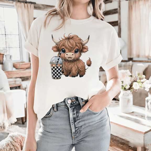 Cow With Drink Cartoon Cute Summer Farm Retro Graphic Artwork Print Unisex T-Shirt up to size 5XL