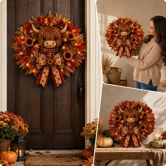 Cow Wreath with String Lights Artificial Fall Front Door Decor, Sunflowers Maple Leaves Bow Seasonal Wall Hanging for Porch Entryway, Warm Lit Farmhouse Style Wreath for Indoor Outdoor Display