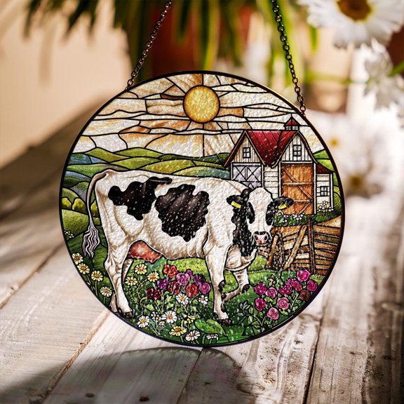 Cow and Barn Glass Suncatcher, Farm Scene Window Decor, Rustic Art, 3.5 in