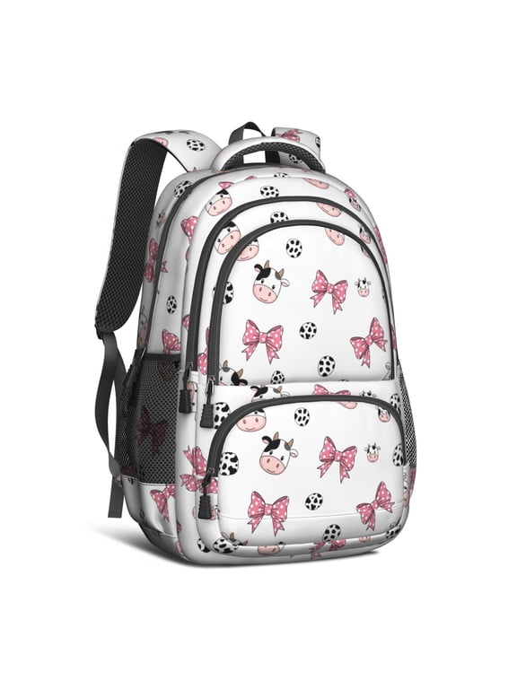 Cow and Bow White Pattern 16.9 Inch Lightweight School Bag, Cute Multi-Pocket Backpack with Padded Back for Daily Use