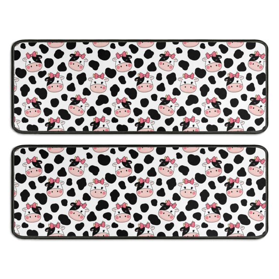 Cow and Bow White Pattern Anti Fatigue Kitchen Rugs Set Of 2, Non Slip Washable Decorative Floor Mats for Sink Laundry and Home Use, 17"x47"