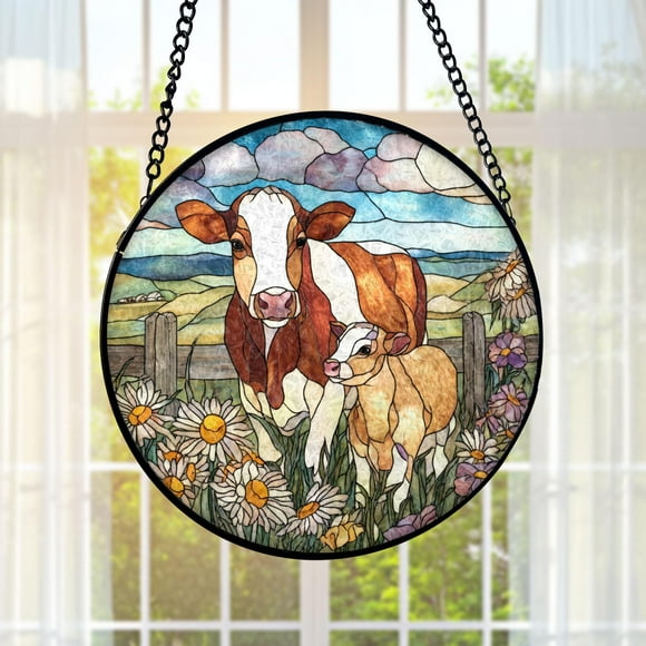 Cow and Calf Stained Glass Suncatcher, Farm Animal Round Window Hanging Ornament with Flowers, Country Rustic Home Decor Gift
