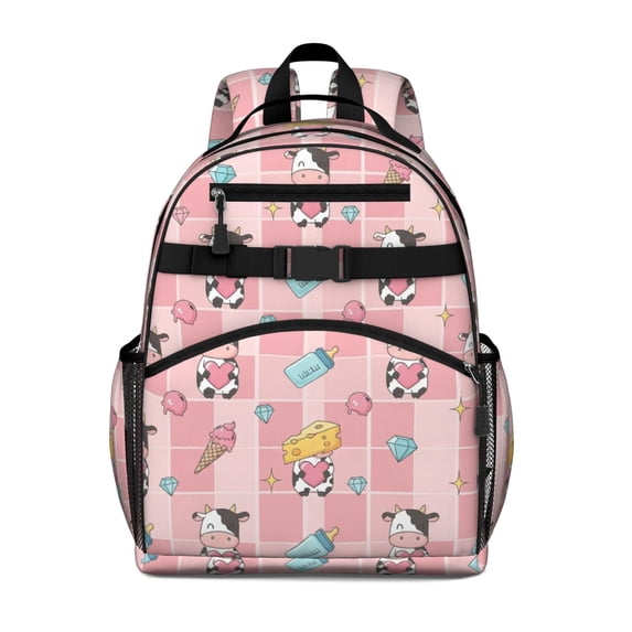 Cow and Cheese Pink Pattern Cute School Backpack Bag for School with Padded Back and Adjustable Shoulder Straps 15.25"x11.5"x5.25"