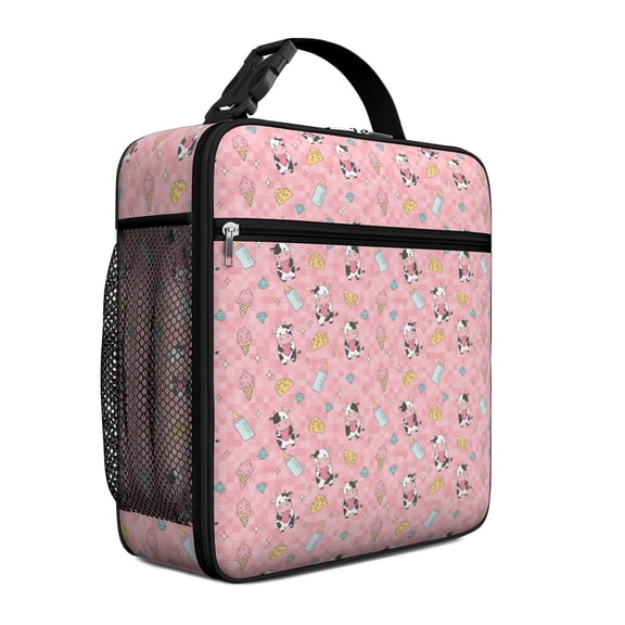 Cow and Cheese Pink Pattern Insulated Lunch Bag Teens,Lunch Box for Men Women for Work,Picnic or Travel,10.2x9.5x4.3 Inches,8 Can Capacity