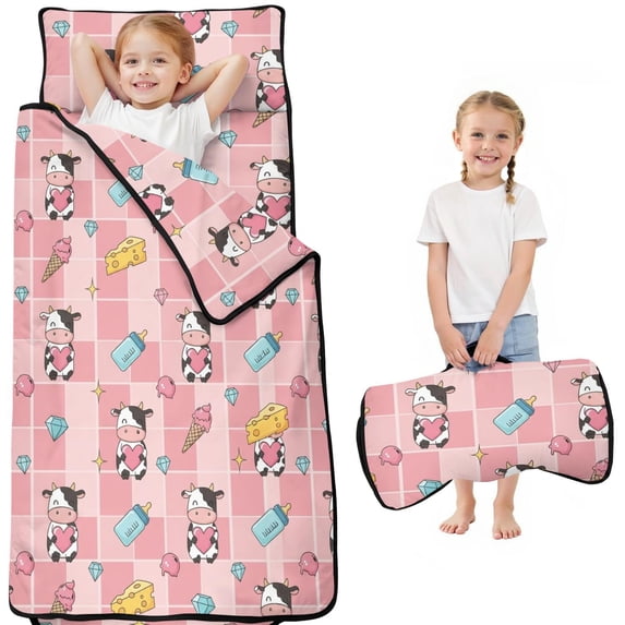 Cow and Cheese Pink Pattern Teens Toddler Nap Mat with Pillow, Sleeping Mat Bag for Preschool Daycare 51"x22"