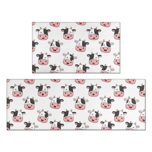 Cow and Face White Pattern Anti Fatigue Kitchen Rugs Set Of 2, Non Slip Washable Decorative Floor Mats for Kitchen Sink Laundry, 17"x30" and 17"x47"