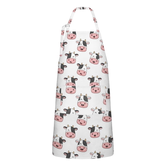Cow and Face White Pattern Apron for Women with Pockets, Cotton Linen Waterproof Adjustable Apron for Kitchen Cooking Gardening BBQ Salon 33"x27"