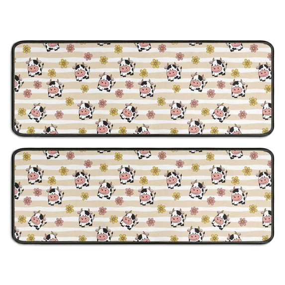 Cow and Flower Beige Pattern Anti Fatigue Kitchen Rugs Set Of 2, Non Slip Washable Decorative Floor Mats for Sink Laundry and Home Use, 17"x47"