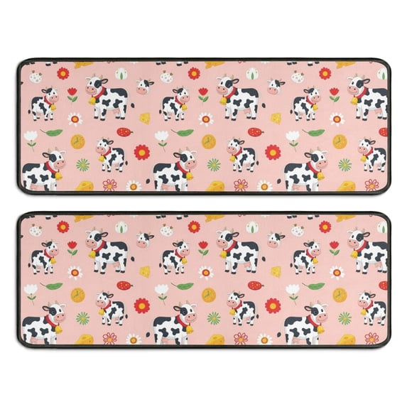 Cow and Flower Pink Pattern Anti Fatigue Kitchen Rugs Set Of 2, Non Slip Washable Decorative Floor Mats for Sink Laundry and Home Use, 17"x47"