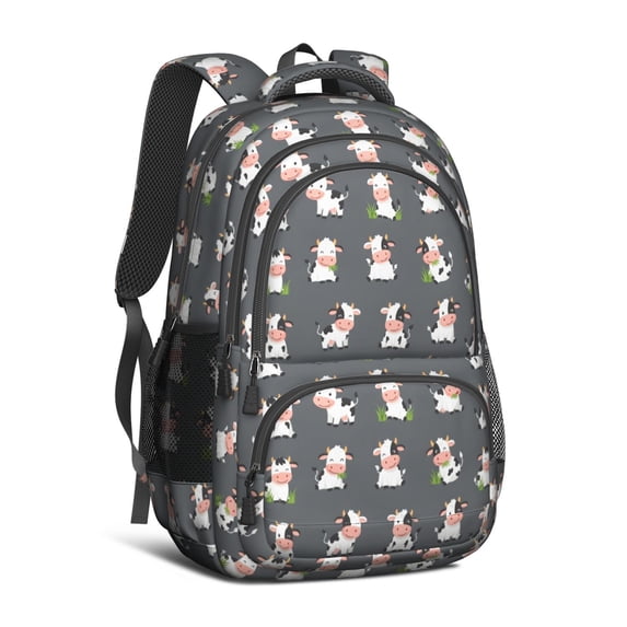 Cow and Grass Black Pattern Cute School Backpack Bag with Padded Back and Adjustable Shoulder Straps 16.9 X 12.6 X 5.9 Inches