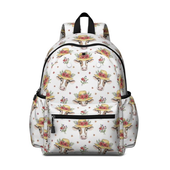 Cow and Hat Print Cute School Backpack with Padded Back and Adjustable Shoulder Straps 13.4"x11"x4.7"
