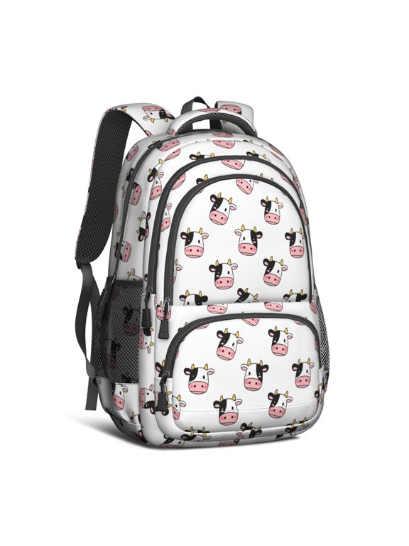 Cow and Head White Pattern 16.9 Inch Lightweight School Bag, Cute Multi-Pocket Backpack with Padded Back for Daily Use