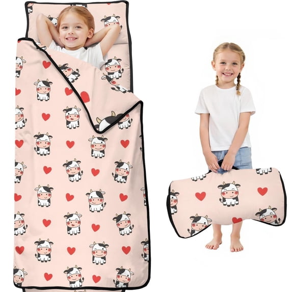 Cow and Heart Brown Pattern Teens Toddler Nap Mat with Pillow, Sleeping Mat Bag for Preschool Daycare 60"x20"