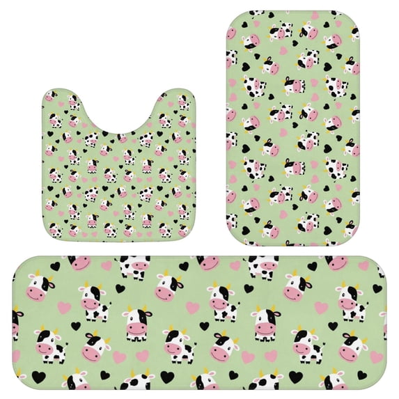 Cow and Heart Green Pattern 3 Piece Flannel Bathroom Rug Set, Shower ...