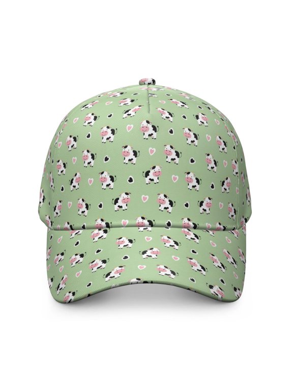Cow and Heart Green Pattern Baseball Cap, Outdoor Travel Cap with Snap Closure & Sweatband, Rigid Flat Brim Gifts for Birthday Christmas Thanksgiving