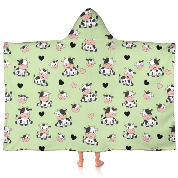 Cow and Heart Green Pattern Hooded Bath Towel Wrap for Teens Ages 3 To 12, Soft Lightweight Quick Dry Microfiber Bath Beach Pool, 60"x35"