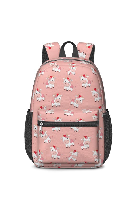 Cow and Heart Pink Pattern 17" School Backpacks for Teens,Waterproof Oxford Fabric,S-Shape Padded Straps for School,Travel,Hiking,Camping