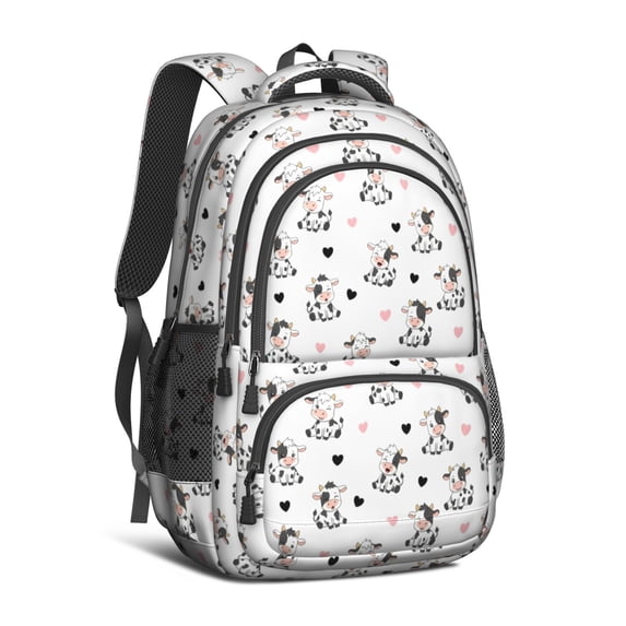 Cow and Heart White Pattern Cute School Backpack Bag with Padded Back and Adjustable Shoulder Straps 16.9 X 12.6 X 5.9 Inches